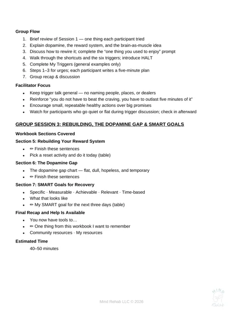 Facilitator guide page showing group flow and focus points.