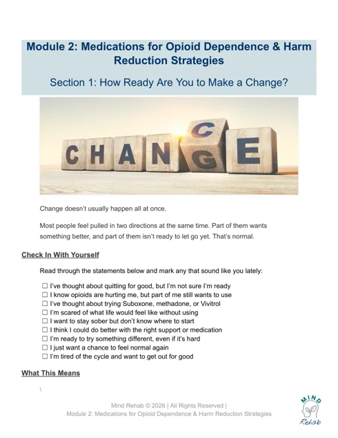 Workbook page on readiness for change, with a CHANGE illustration and private reflection prompts.